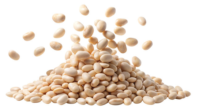A large pile of white beans with some beans falling from above isolated on transparent background
