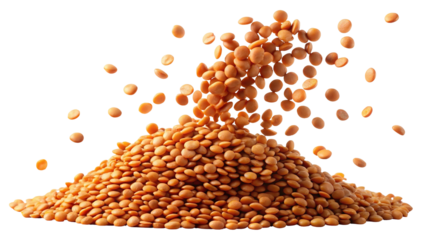 A pile of red lentils cascading and falling in a dynamic stream isolated on transparent background