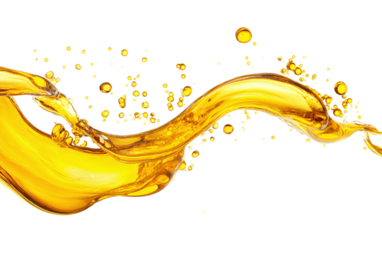Vibrant Golden Liquid Wave with Droplets, isolated on white transparent background
