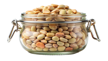 Glass jar filled with dried pigeon peas isolated on transparent background