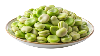 A white ceramic bowl overflowing with fresh green fava beans isolated on transparent background