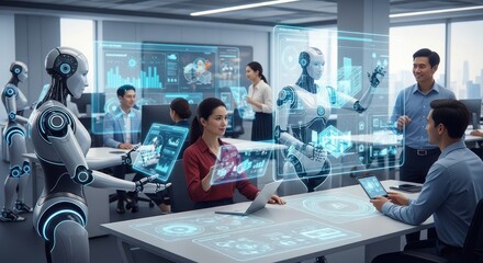 Human-Robot Collaboration in a Futuristic Office with AI Holographic Interfaces and Data Visualization