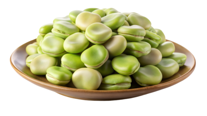 A close up of fresh plump green fava beans piled high in a rustic bowl isolated on transparent background