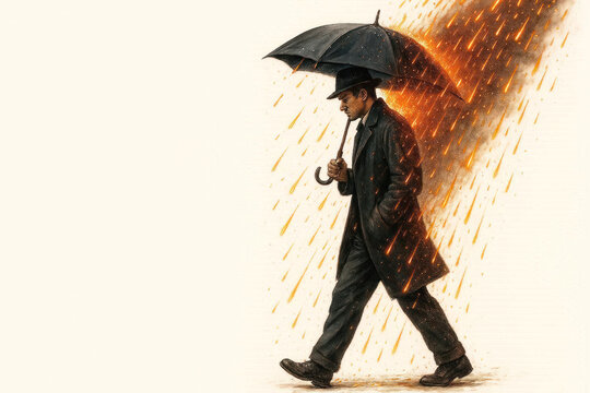 A man with an umbrella walks through a rain of fiery sparks. Space for text.