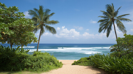 Fototapeta premium Beach Path with Palm Trees and Ocean View