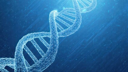 A polygonal DNA double helix graphic against a blue background with circuit-like patterns