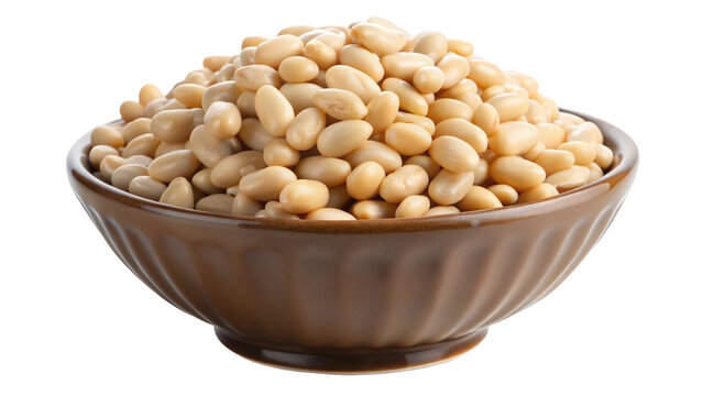 A rustic bowl overflowing with freshly harvested white beans isolated on transparent background