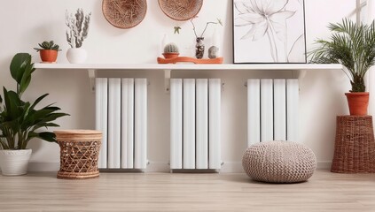 Stylish minimalist living room interior with white radiators, potted plants, and woven furniture accents