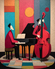 Kreskówkowa ilustracja przedstawiająca dwóch muzyków grających jazz, jeden na pianinie, drugi na kontrabasie. Kolorowe, geometryczne tło. Abstrakcyjny styl.