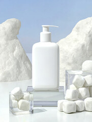 Creative 3D render of cosmetic and pharmaceutical product mockups with natural elements in a clean photorealistic style for beauty branding