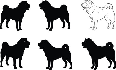 Shar Pei dog silhouette set, detailed wrinkled breed illustration, pet animal vector art, Chinese dog profile, isolated graphic design collection