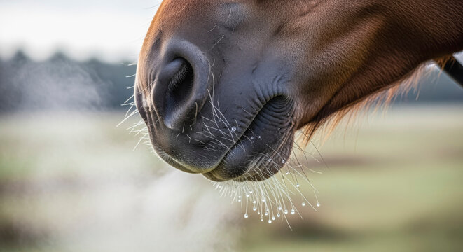 Close-up of horse muzzle with breath vapor in nature. capturing natural textures and details in candid animal photography for poster design.