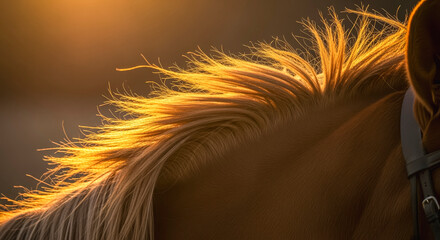 Golden sunlit horse mane capturing natural beauty and texture in candid photography