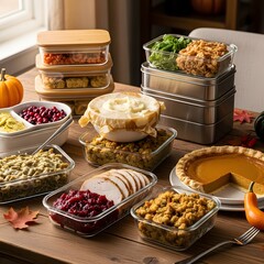 Thanksgiving leftovers in containers on a wooden table with fall decorations