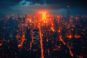 Fototapeta premium City bustling with lights and towering buildings at night.