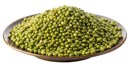 A generous mound of small green mung beans piled high in a rustic ceramic bowl isolated on transparent background