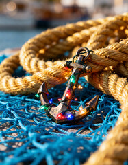 A close up of an anchor wrapped in christmas lights with a rope and blue net on a concrete surface