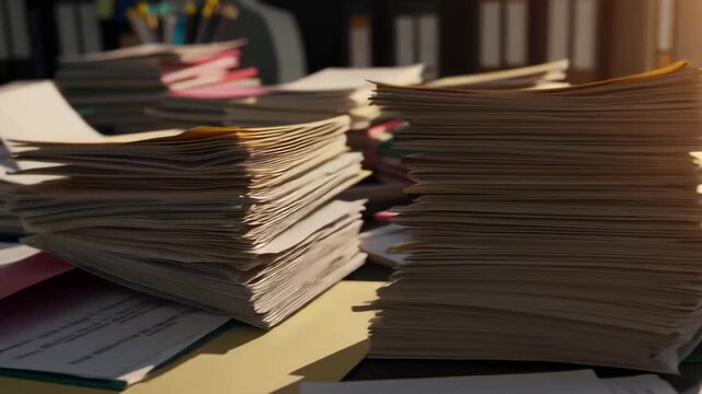 Cluttered office stack of documents and colorful folders under warm sunlight.
