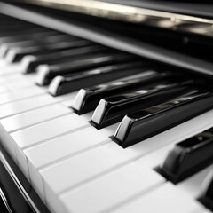 Klawisze fortepianu w zbliżeniu, oświetlone subtelnym światłem, z głębią ostrości, ukazującej eleganckie detale i czystą, nowoczesną estetykę.