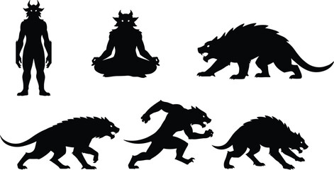 Horned humanoid silhouette, meditating demon figure, spiked beast creature, werewolf running pose, fantasy monster evolution, dark shadow art, mythical transformation design