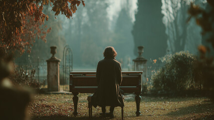 Pianista grający na fortepianie w plenerze, na tle bramy ogrodu. Atmosfera melancholii i tajemnicy.