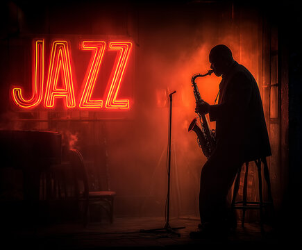 Jazzman w cieniu grający na saksofonie w zadymionym klubie. W tle świeci neonowy napis "JAZZ", tworząc nastrojową atmosferę.