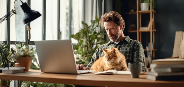 The Cat at the Desk: A Man Working in a Cozy Home Office