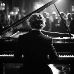 Czarno-białe zdjęcie pianisty grającego na fortepianie w oświetlonym pomieszczeniu, podczas gdy publiczność siedzi w cieniu.
