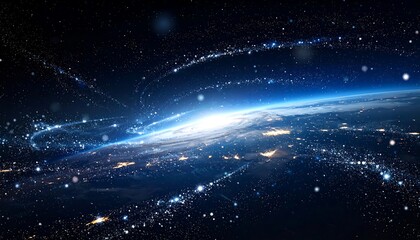 A panoramic view of Earth from space, with swirling data streams encircling the globe, showcasing lights