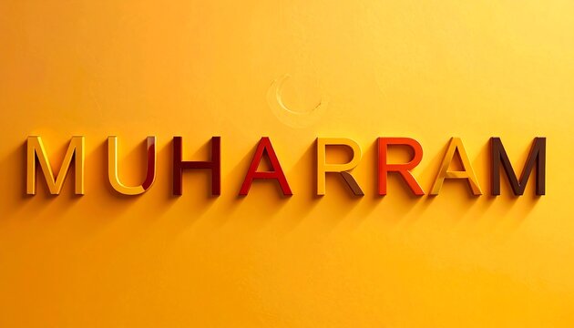 A vibrant, three-dimensional text spelling "Muharram" against a warm, golden-yellow backdrop, with a subtle crescent moon illustration - Powered by Adobe