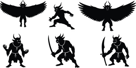 Horned demon silhouette, winged creature poses, fantasy warrior with sword, mythical beast illustration, dark gothic art, aggressive stance, muscular build