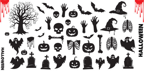 Naklejka premium lack Set of Halloween Vector Icons Collection with Spooky Ghosts, Pumpkins, Bats, Haunted Trees, and Creepy Symbols for Horror Night Design