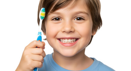 Child smiling while holding a toothbrush with colorful bristles, healthy teeth, isolated white background, dental care for kids.