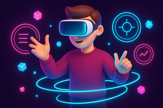 A cartoonish 3D render of a male character wearing a virtual reality headset, interacting with glowing futuristic holograms and floating geometric shapes in a dark digital space