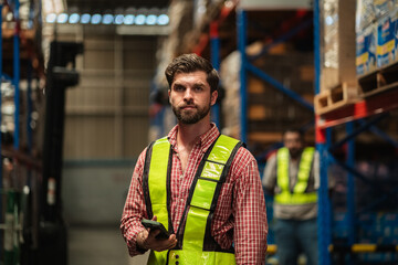 Warehouse worker working and checking the stock in the warehouse. Factory manager using digital tablet check barcode in industry factory logistic.