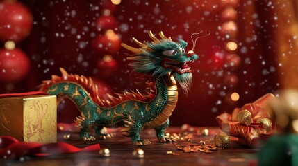 Fototapeta premium Ornate dragon figurine festive holiday decoration winter scene mythology asian culture