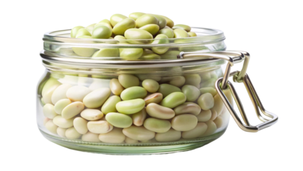 A clear glass jar filled with fresh green fava beans isolated on transparent background
