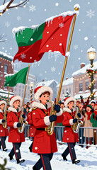 A christmas parade with a marching band playing saxophones in a snowy town with holiday decorations