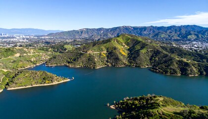 Aerial view of a reservoir nestled in mountains