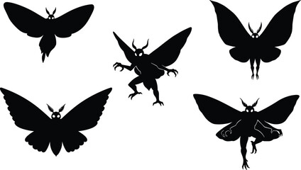 Mothman silhouette set, mythical creature poses, cryptid illustration, winged humanoid figure, glowing eyes, paranormal art, flying monster, dark fantasy design © KRISNARANI