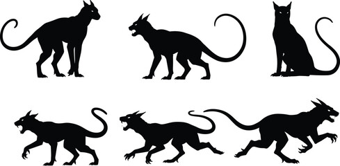Black silhouette mythical cats, fantasy feline creatures, aggressive and calm poses, running, leaping, crouching, stylized animal art illustration