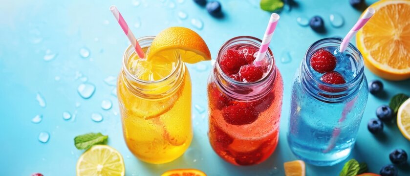 Refreshing summer fruit drinks in mason jars overhead view