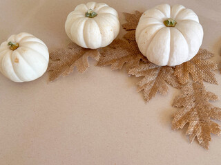 Minimalist still life featuring small white pumpkins arranged on rustic burlap leaves over a soft...