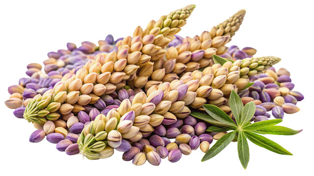 A cluster of delicate lupine flower spikes in shades of purple and yellow isolated on transparent background