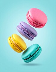 Colorful macarons float mid-air on pastel blue background. Pink, yellow, purple, and turquoise cookies in soft light. Minimal, playful, elegant dessert display.