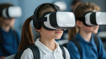 Immersive virtual reality classroom, students wearing headsets interacting with a 3D model, futuristic education, engaging learning. 