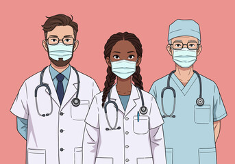 Fototapeta premium Diverse Team of Medical Professionals Wearing Face Masks