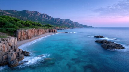 Obraz premium Dramatic Rocky Coastline with Turquoise Water and Lush Greenery Under Twilight Sky Cinematic Landscape