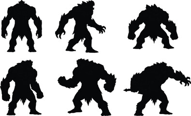 Monstrous humanoid silhouette, werewolf creature design, beast character poses, dark fantasy art, horror illustration, aggressive stance, muscular build, clawed hands, shaggy hair
