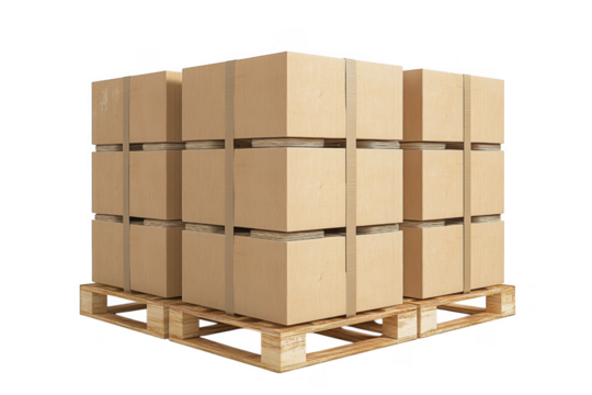 Stack of cardboard boxes secured on a pallet for transportation and logistics concepts